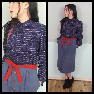 Vtg 80s red white navy blouse w/ red tie